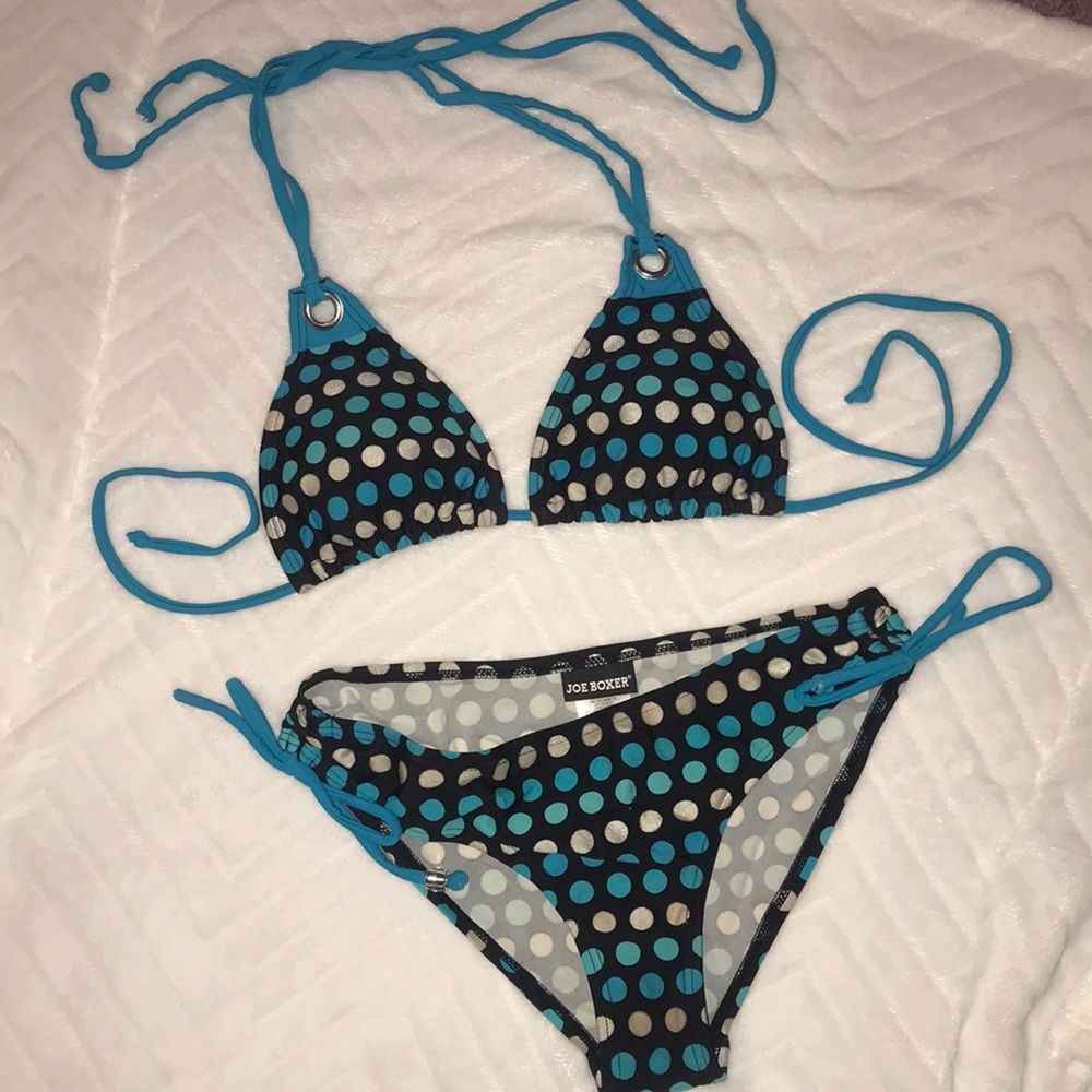 Black and blue polkadot bathing suit